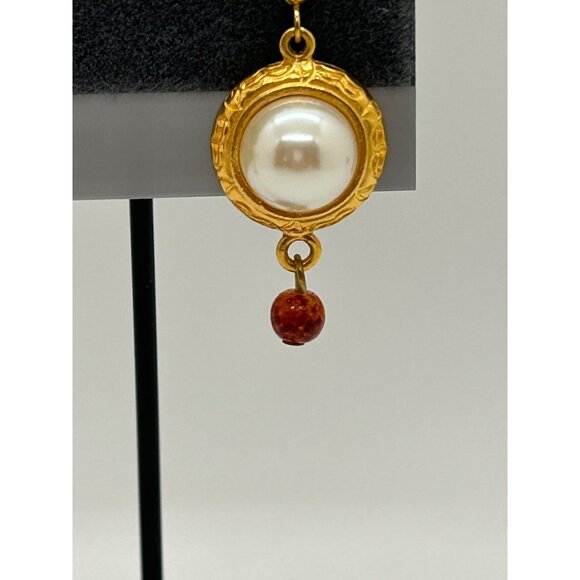 Liz Claiborne Vintage Gold-Toned Faux Pearl with Bead Dangle Earrings For Women - Picture 3 of 9